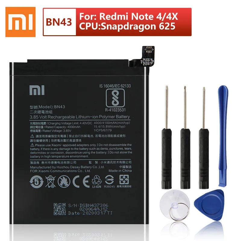 Xiao Mi оригинальная запасная батарея для телефона BN43 Xiaomi Redmi note4X Redrice Note4X