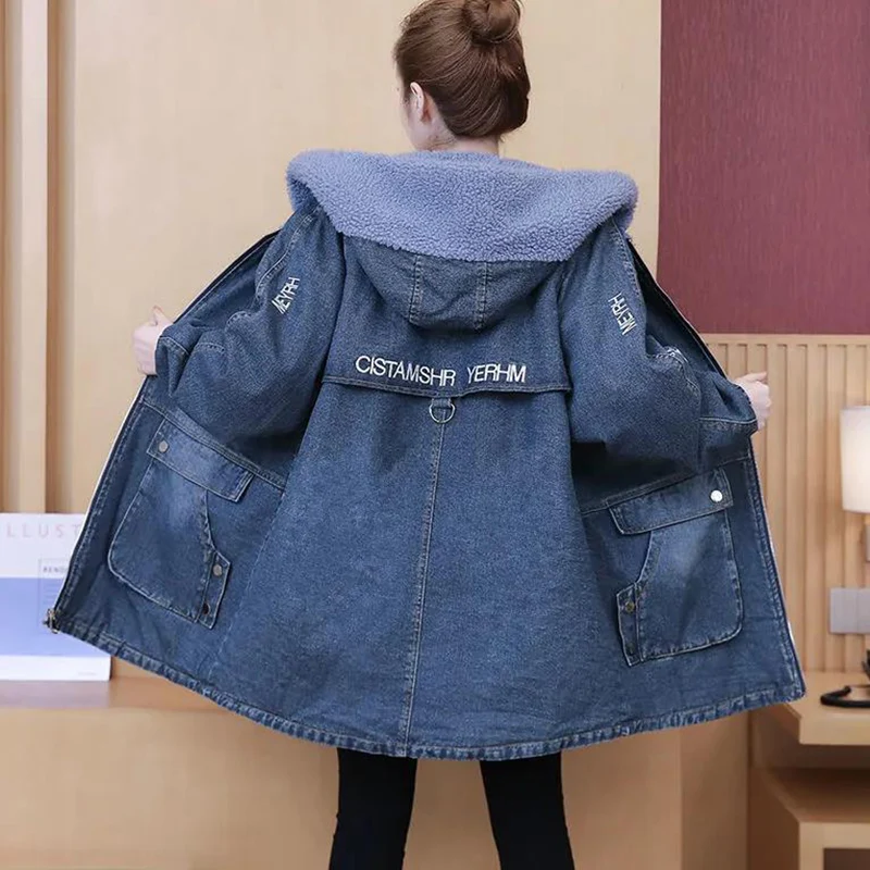 Womens Long Trench Coat Plus Size Lamb Wool Denim Jacket Autumn Winter Loose Korean Fashion Velvet Warm Bomber 5XL |