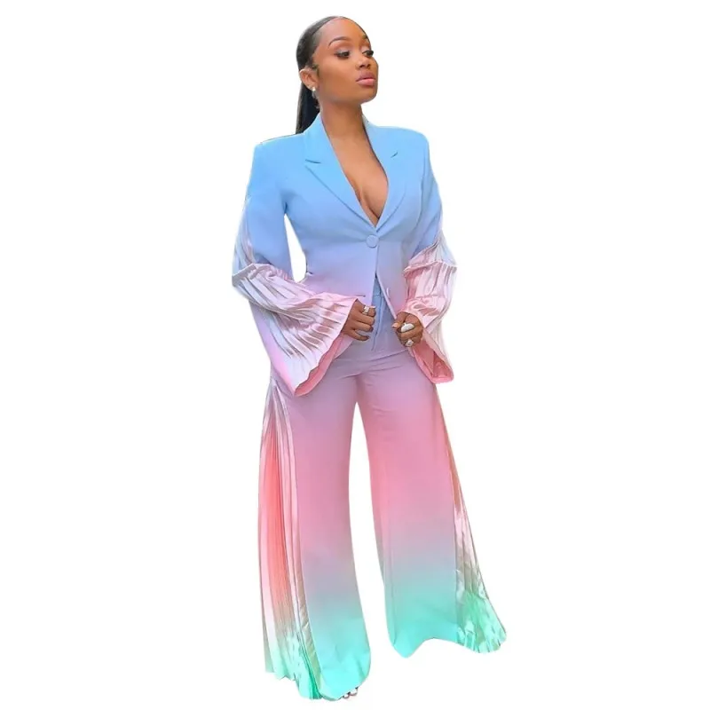 

Winter Women Office Lady Notched Blazer Jacket Suits Long Sleeve Tie-dye Flare Pleated Blazer Pants Suit Two Piece Sets