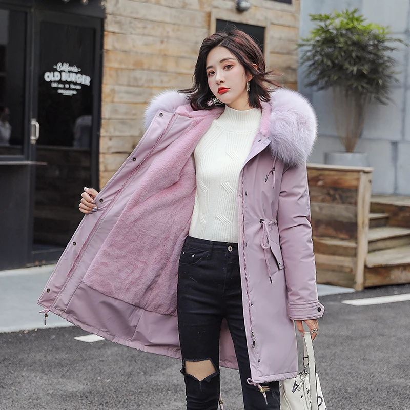 Новое поступление, зимняя куртка для женщин с теплым флисом, плотное высококачественное Женское пальто, длинное с капюшоном, с меховой подкладкой, тонкая