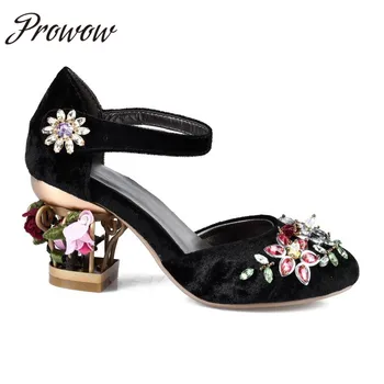 

New Velvet Spring Velvet Crystal Jewel Floral Pumps Ross Caged Heel Heavierl Layerd Bride Pumps