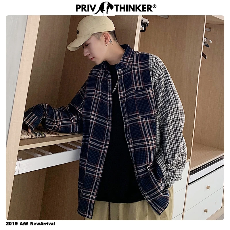 Privathinker 2020 мужская клетчатая Лоскутная рубашка с длинным рукавом 2019 Мужская