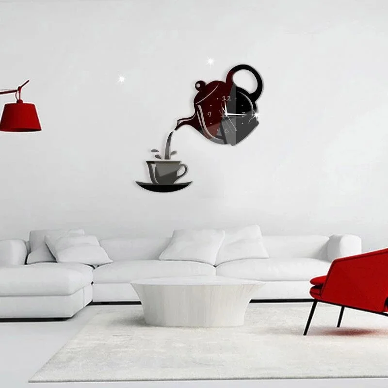 3D Wall Art Clock Stickers Acrylic Coffee Cup Teapot Self Adhesive Mirror DIY Wall Clock Kitchen Home Teahouse Decoration