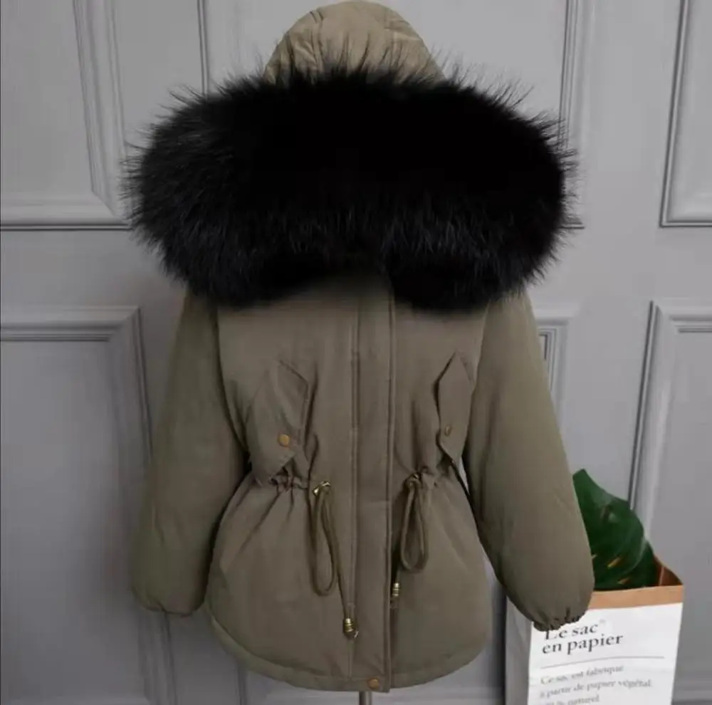 Winter Women Khaki Down Coat Raccoon Fur Collar Christmas Jacket Hooded Outerwear Christmas Gift - Цвет: Черный