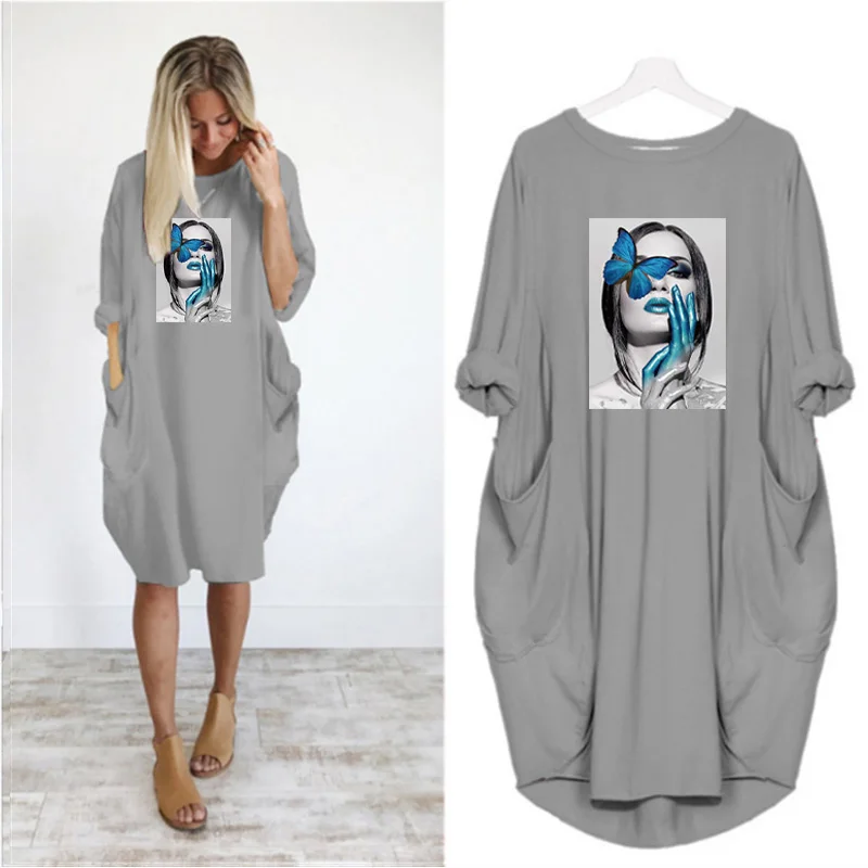 Plus Size Nordic Art Dress Butterfly Girl Cool Women Midi Dresses O-Neck Autumn Thin Long Sleeve Pockets Loose Party Vestidos