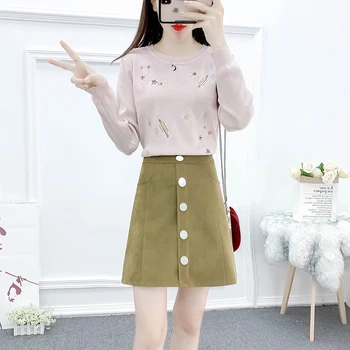 

pullover sweater top skirts leisure suit star embroidery sweater A word bust skirt of tall waist two-piece clothing set outfit