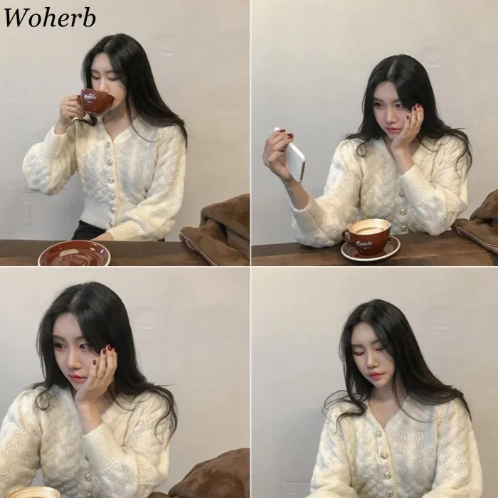 Woherb Элегантный черно-белый вязаный свитер для женщин с v-образным вырезом и рукавами-фонариками, однотонный кардиган, пальто, корейская винтажная модная верхняя одежда 90827