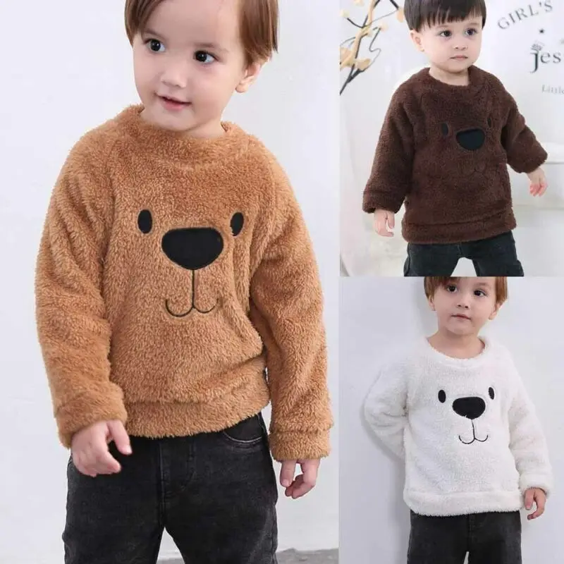 Kids Baby Girl Boy Fleece Top T Shirt Cartoon Animal Bear Thick Warm Autumn Winter Clothes Long Sleeve Toddler Blouse