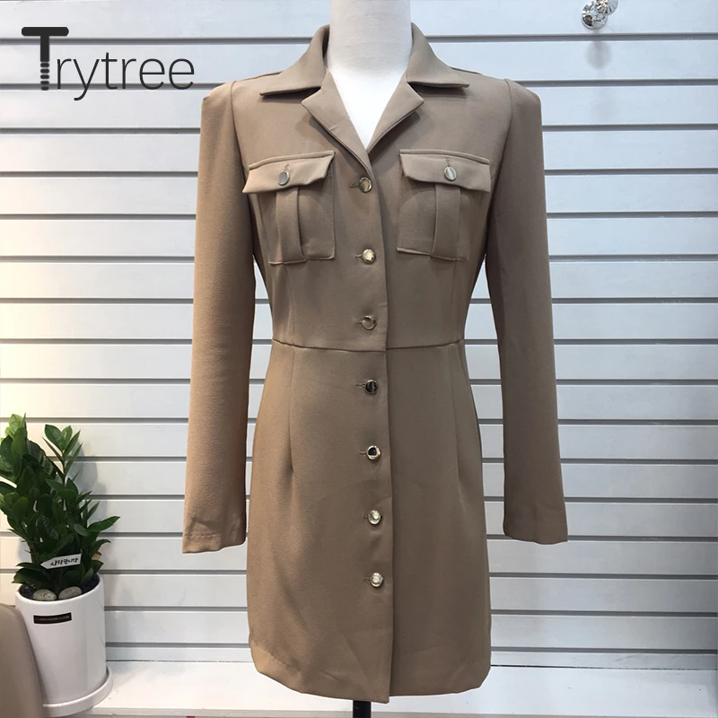 Trytree Autumn Winter Women Casual Dress Turn-down Collar Single Breasted Pockets Belt 5 Colour Slim fit Fashion Mini Dress