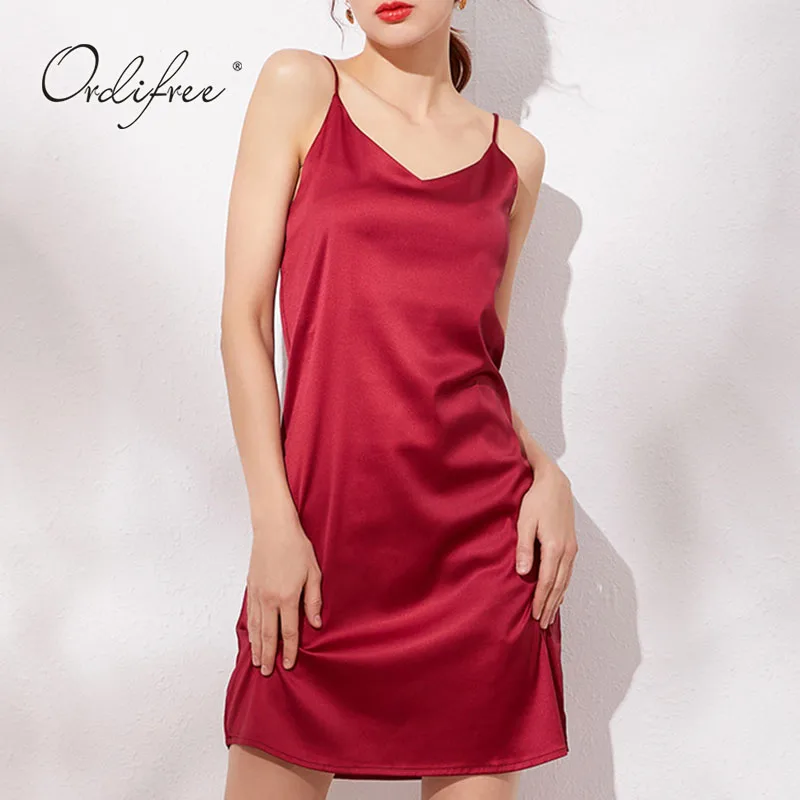 

Ordifree 2022 Summer Women Satin Slip Dress Spaghetti Strap Sexy Silk Shiny Short Sexy Party Dress