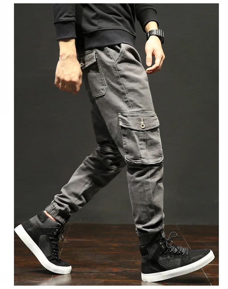 2018 New Men`s Casual Jeans Trousers Cool Fashion Male Loose Multi-pockets Military Tactical Cargo Pants Elastic Beam Foot Pants  (12)