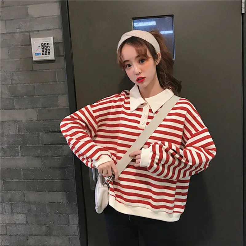 Autumn Thin Wild Loose Lazy Wind Color Stripes Polo Collar Clothes for Girl Women Home Shopping Party Casual Clothes Shirts New