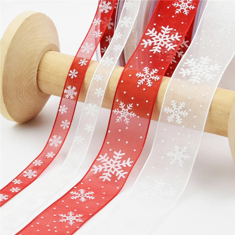 

1 Roll 1CM/2.5CM Width Christmas Ribbon Snowflake Polyester Fiber Gift Wrapping Christmas Decor Hairband Handmade DIY Material