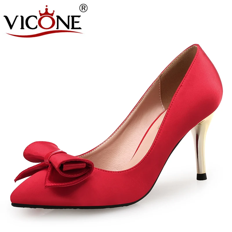

VICONE Women Spring/Autumn Dress Office Lady Pointed Toe Butterfly-knot Sweet Thin Heels V509768