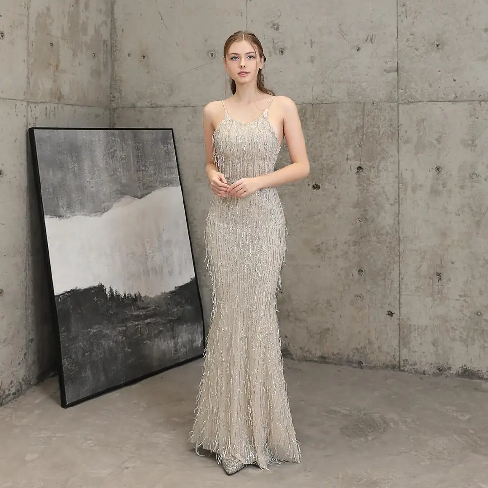 

Polyester Thread Tassel Beads Evening Dresses Fish Tail Banquet Elegant Temperament Host Prom Dress