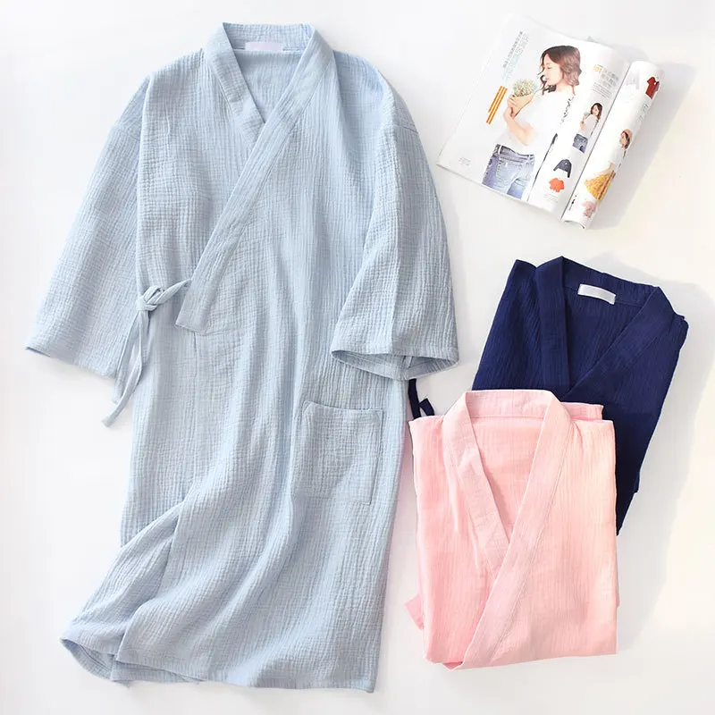 Autumn 100% Cotton Crepe Double Gauze Japanese Kimono Robe Womens Robes Sleepwear Couple Dressing Gown Long Wedding Pajamas