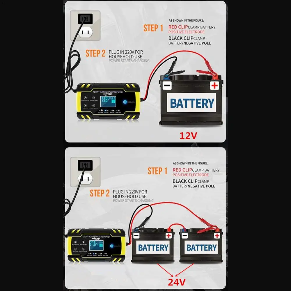 12/24V 8A Car Battery Charger Touch Screen Pulse Repair LCD Battery Charger For Car Motorcycle Lead Acid Agm Gel Wet