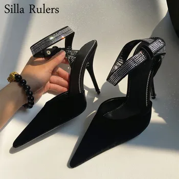 

New Sexy Pointed Toe Rhinestone Ankle Strap Sandals Woman Velvet Thin High Heels Shoes Woman Runway Close Toe Party Shoes Woman
