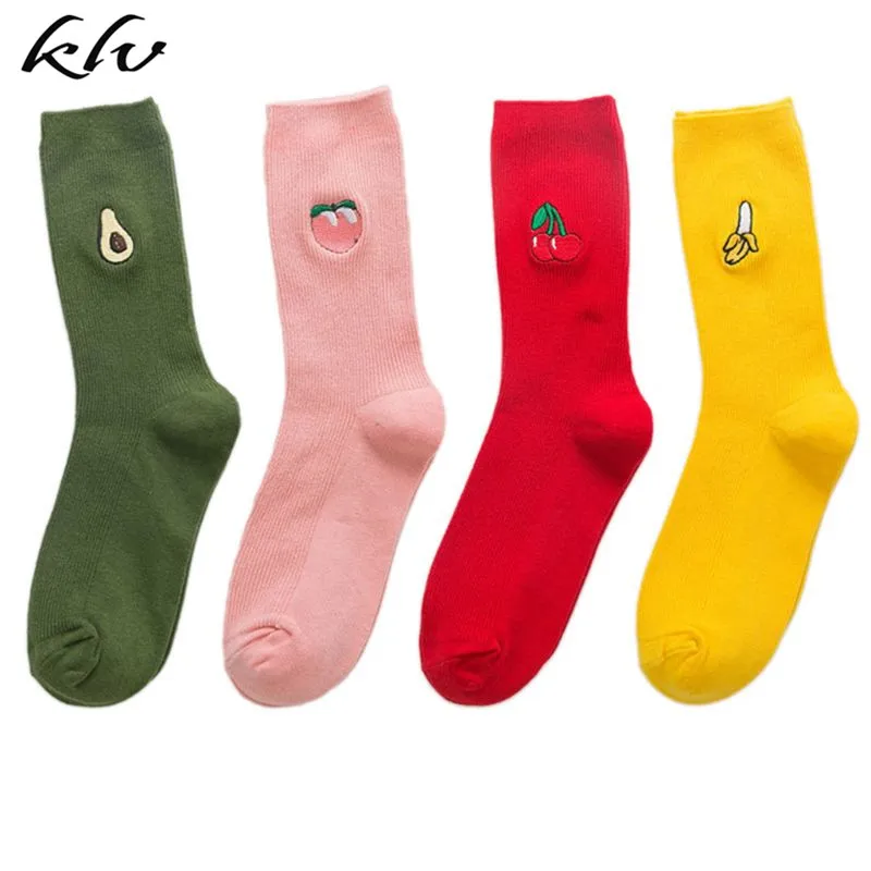 Корейские свежие женские забавные носки с фруктами яркие цвета с вышивкой авокадо Харадзюку Свободные хлопковые чулки для скейтборда