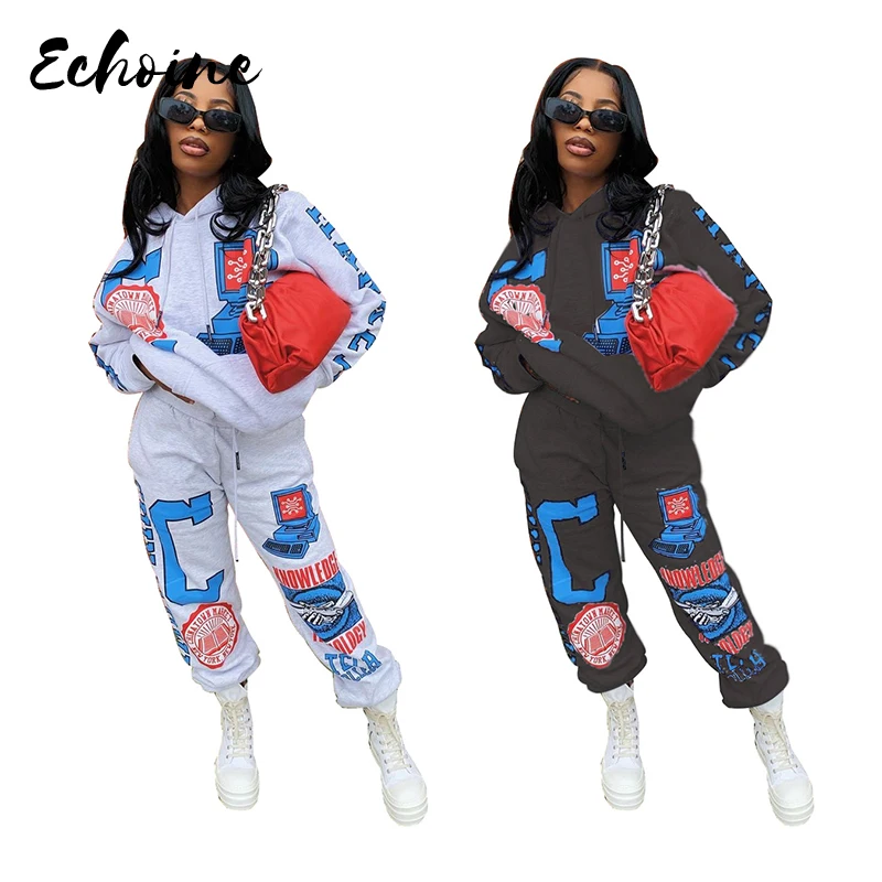 

Black Winter 2 Piece Set Tracksuit Fall Hooded Top Pants Set Cartoon Letter Print Casual New Lounge Wear Jogging Pants Set Femme