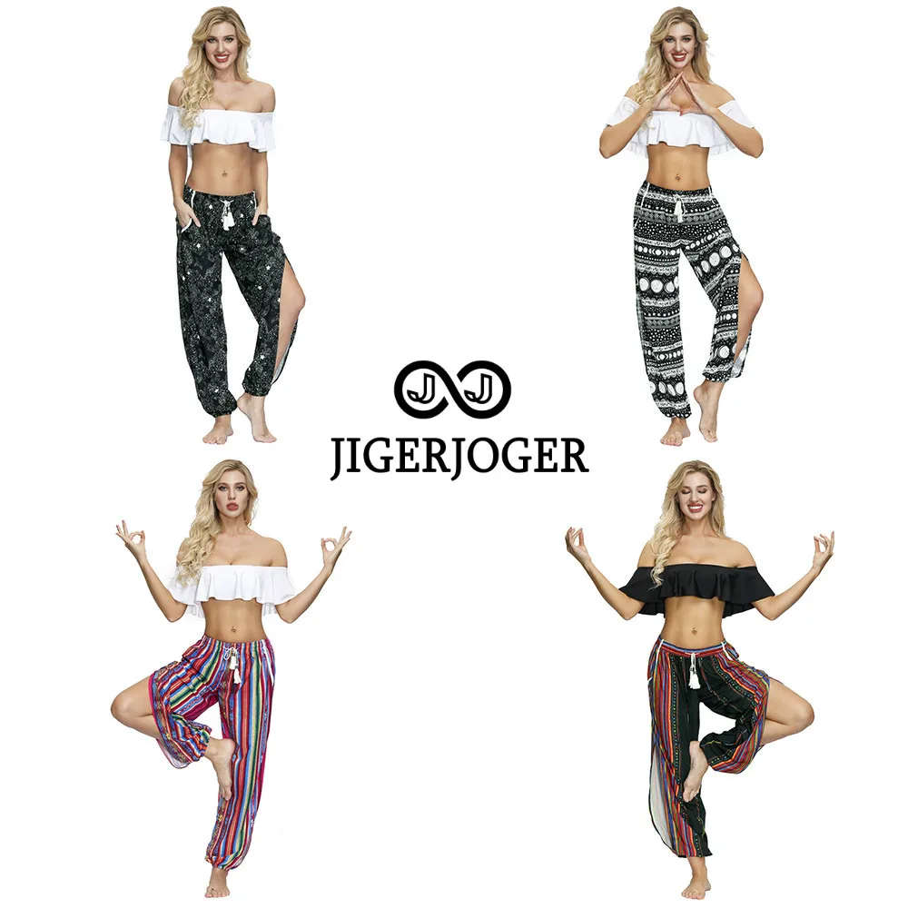

JIGERJOGER 2020 New Summer stripe star printed beach holiday Harem pants loose comfortable side open bloomers yoga pants lounge