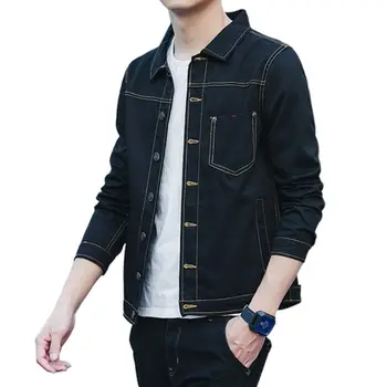 

Mens Autumn Long Sleeve Faux Denim Jacket Casual Slim Coat Lapel Collar Solid Color Hipster Single Breasted Outwear with Pockets
