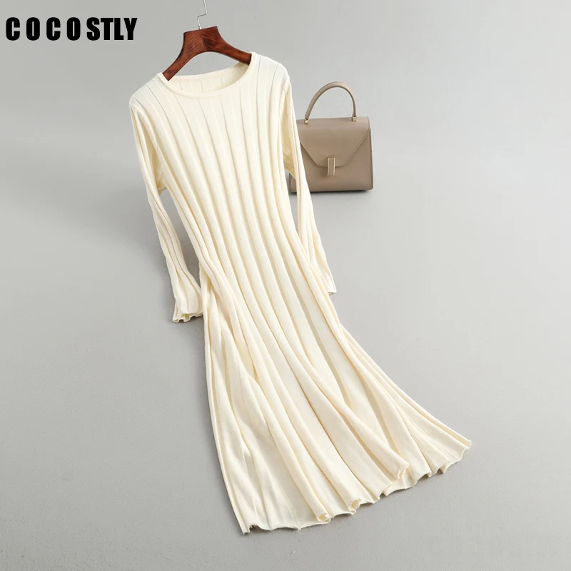 

spring autumn 2020 korean style women long sleeve sweater dress women clothes knitted casual long dress striped sweater Vestido