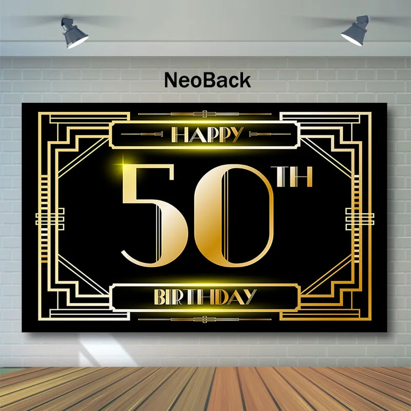 

NeoBack The Great Gatsby Backdrop Gatsby Happy 50th Birthday Party Banner Decor Photography Background Gold Black Photo Backdrop