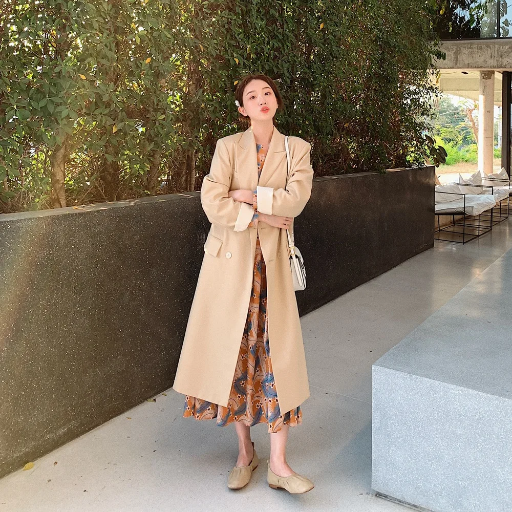 

Photo Shoot Smart Young-Style Long Suit Trench Coat Women's 2020 Spring New Style Retro British Style Double Breasted Coat