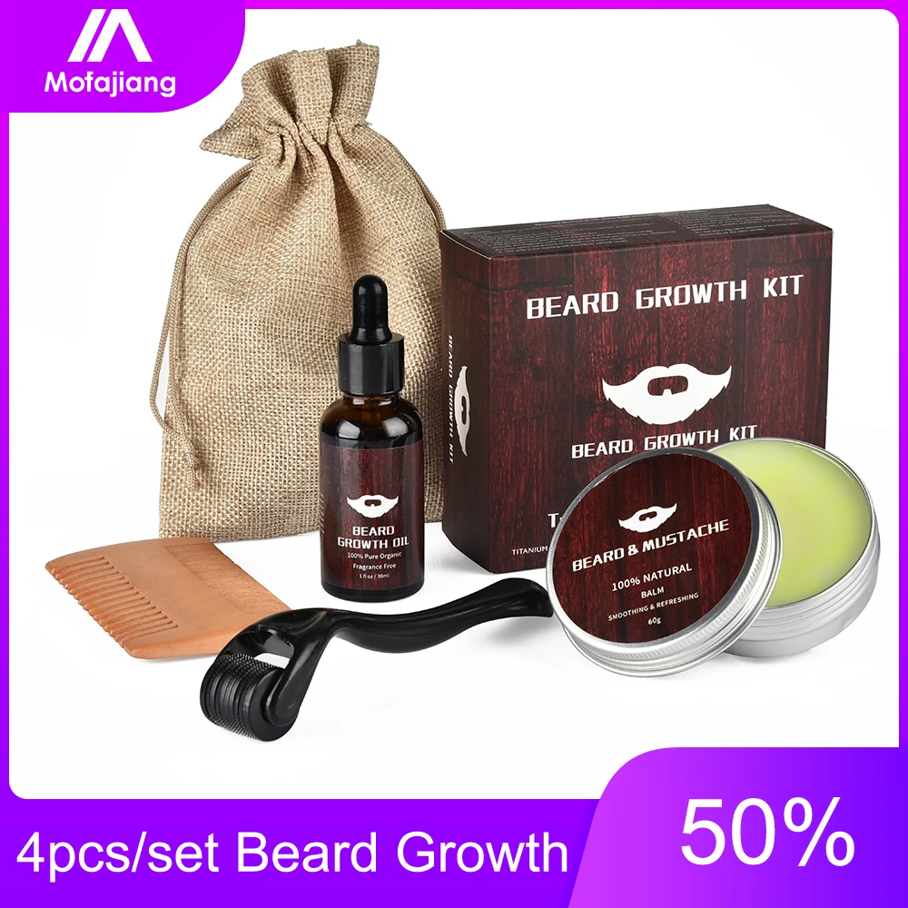 Juego de 4 Uds. Para el crecimiento de la barba de Barbe, aceite de esencia potenciador, bálsamo nutritivo, acondicionador de pelo con rodillo de peine, cuidado Facial para hombres