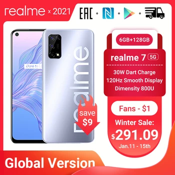 Перейти на Алиэкспресс и купить Realme 7 5G глобальная версия Dimensity 800U смартфон 6 ГБ 128 120 Гц Дисплей мобильный телефон 48MP Cam 5000 мА/ч, 30W Дротика зарядка NFC