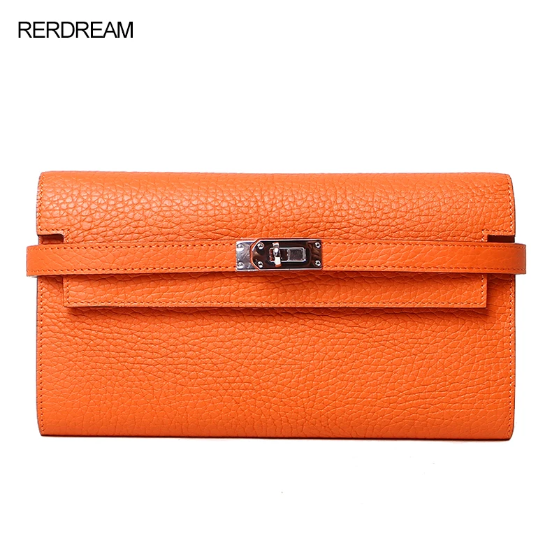 

2020 Europe and the United States Lychee Pattern First Layer Cowhide Clutch Ms. Leather Long Wallet Wallet