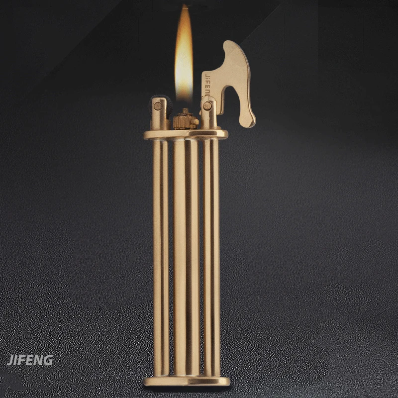 

2020 JiFeng Unusual Vintage Three Trident Pure Brass Flame Gasoline Flint Lighter Butane gas Cigarette Lighter Gadgets For Men