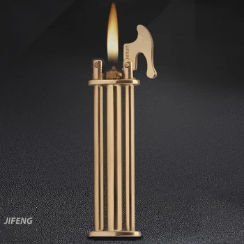 

2020 JiFeng Unusual Vintage Three Trident Pure Brass Flame Gasoline Flint Lighter Butane gas Cigarette Lighter Gadgets For Men