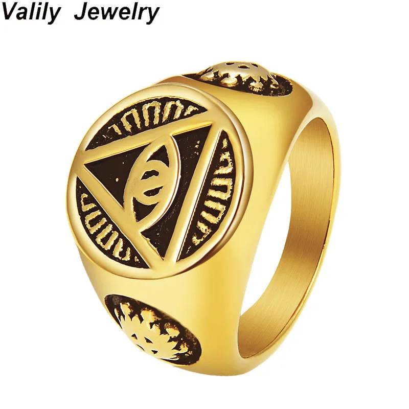 Valily Men's Ring Gold Color Illuminati pyramid eye symbol Cool skull fashion rings Stainless Steel finger band Women | Украшения и