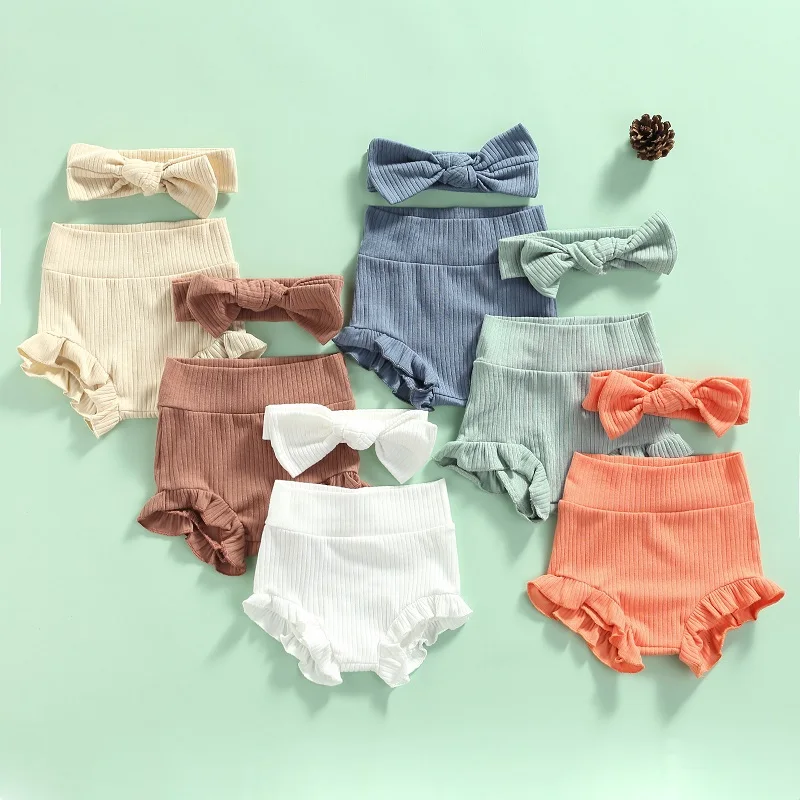 FOCUSNORM 0-24M Newborn Baby Boy Girl Shorts Trousers 6 Colors Solid Color Elastic Waist Ruffles Soft Bloomers Headband 2PCS