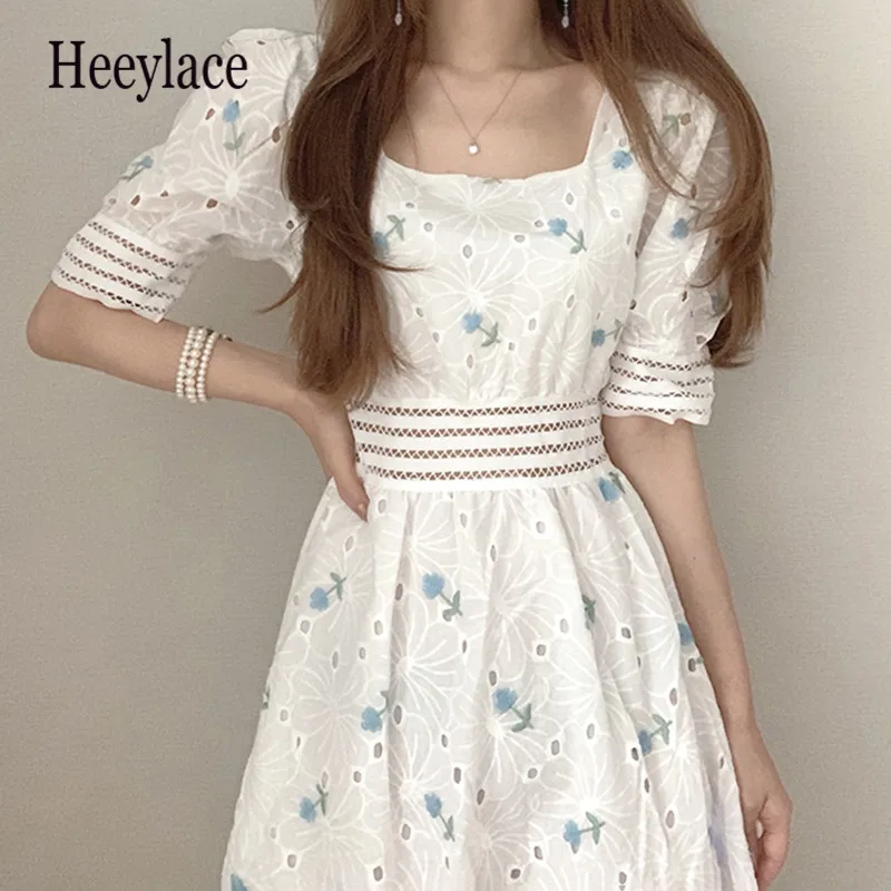 Embroidery Hollow Out Dress Women Korean Chic Square Collar Puff Sleeve Dresses Femme Fashion Slim Waist Sweet Vestidos Embroidery Hollow Out Dress Women Korean Chic Square Collar Puff Sleeve Dresses Femme Fashion Slim Waist Sweet Vestidos