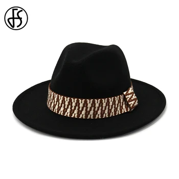 

FS Fashion Wide Brim Fedora Panama Jazz Hat Women Men Felt Wool Hats Cowboy Cap Elegant Lady Church Black Blue Red Yellow Pink