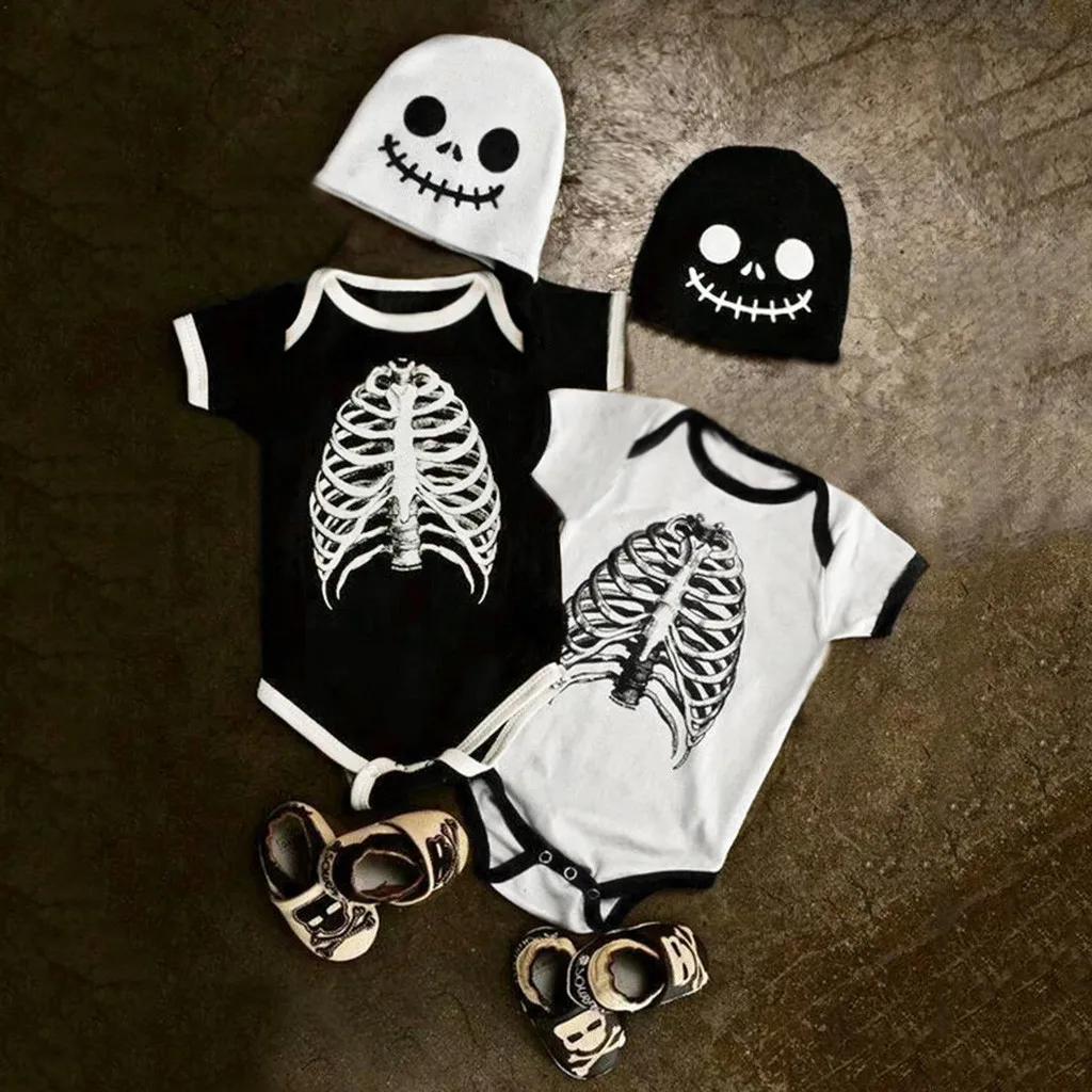 

Infant Baby Boys Girls Halloween Cartoon Skull Print Romper Bodysuit+Hat Outfits