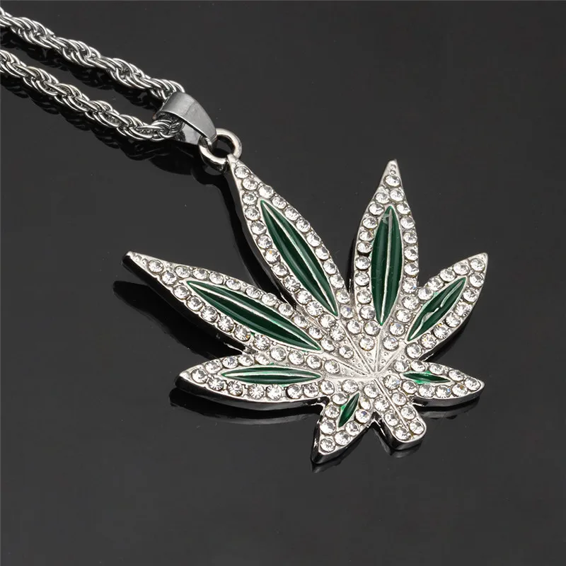 Rhinestone Weed Pendant Necklace Men Maple Leaf Hemp Necklaces Punk Hiphop Gold Chains For Boys Male Necklaces Chain Steampunk - Окраска металла: silver