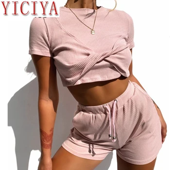

2020 Sweater pink 2 Piece Set Women Fashion Sling chic Crop Tops And Shorts skirt Suit Knitted sexy Two Piece Set Outfits summer