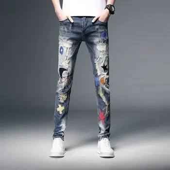 

Korean Style Fashion Men Jeans Slim Fit Elastic Destroy Baggy Pants Ripped Jeans Patchwork Embroidery Designer Hip Hop Jeans Men