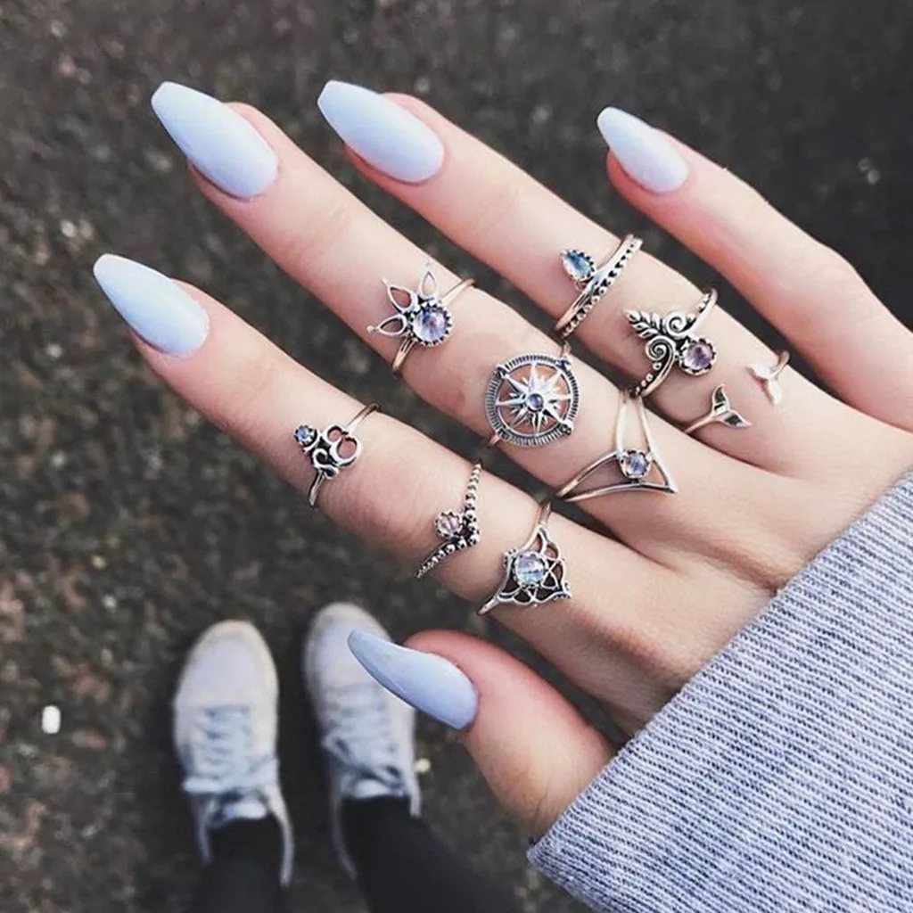 9pcs Vintage Women Rings Tribal Ethnic Hippie Crystal Joint Ring Set