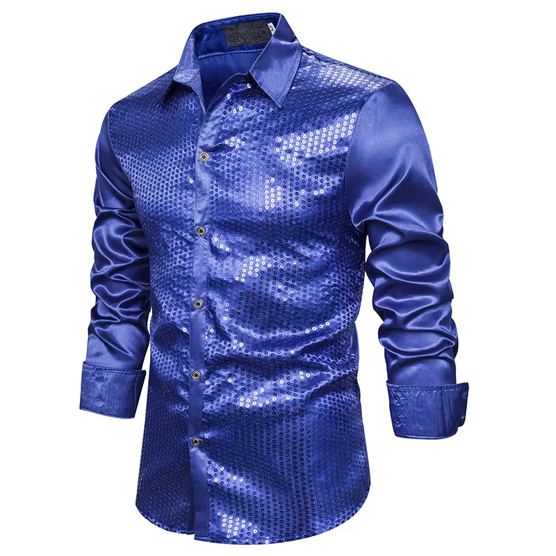 Фиолетовые пайетки рубашки мужские новые мужские s кнопки вниз платье рубашки ночной клуб Свадьба Рубашка-смокинг Slim Fit Chemise Homme XXL