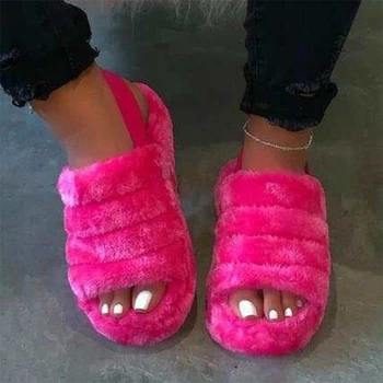 

2020 Women Furry Slippers Fur Slides Elastic Band Red Black White Warm Plush Flats Ladies Bed Sandals Indoor Bedroom Footwear