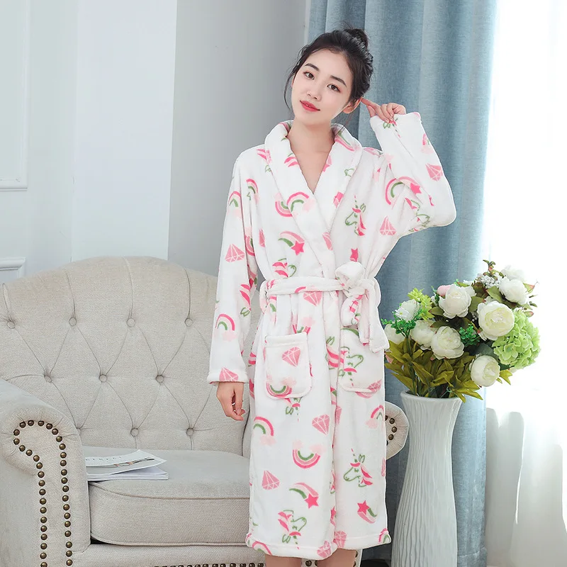 Casual Flannel Coral Fleece Robe Female Winter Warm Kimono Bathrobe Gown Nightwear Sleepwear Intimate Lingerie Home Clothes