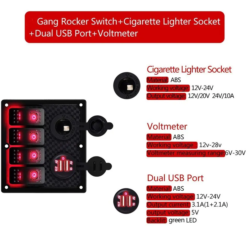 12 V-24 V 4 Gang морской катер автомобиля цепи RV светодиодный переключатель кулисный переключатель Панель выключатель вольтметр с предохранителем двойной USB кабель для зарядки для автомобилей класса RV лодка