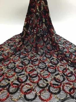 

African Sequins Lace Fabric Red/Black/Gold Circle shape Sequins Nigerian French Tulle Laces Fabric High Quality For Women Party