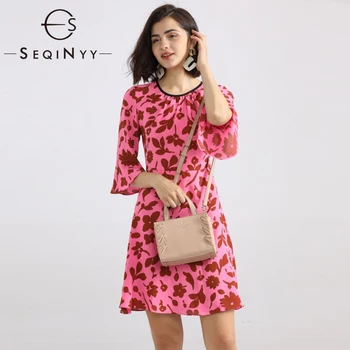 

SEQINYY Runway Dress 2020 Summer Spring New Fashion Design Women Half Flare Sleeve Flowers Print Slim Mini Casual Dress