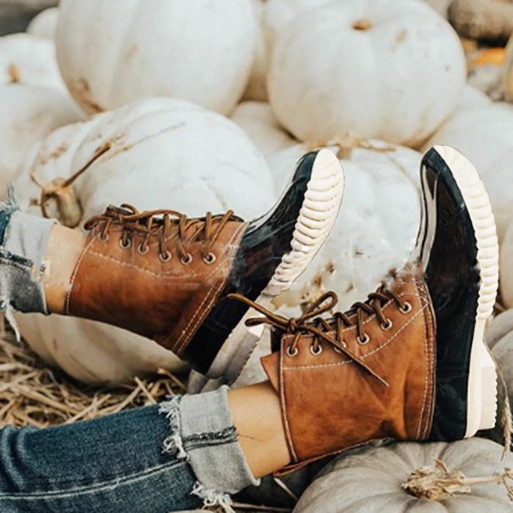 

Lace-up winter ankle boots casual shoes Women Round Toe Tuned Over Edge Flat Plaid Lining Lace Up Retro Ankle Boots Shoe 25